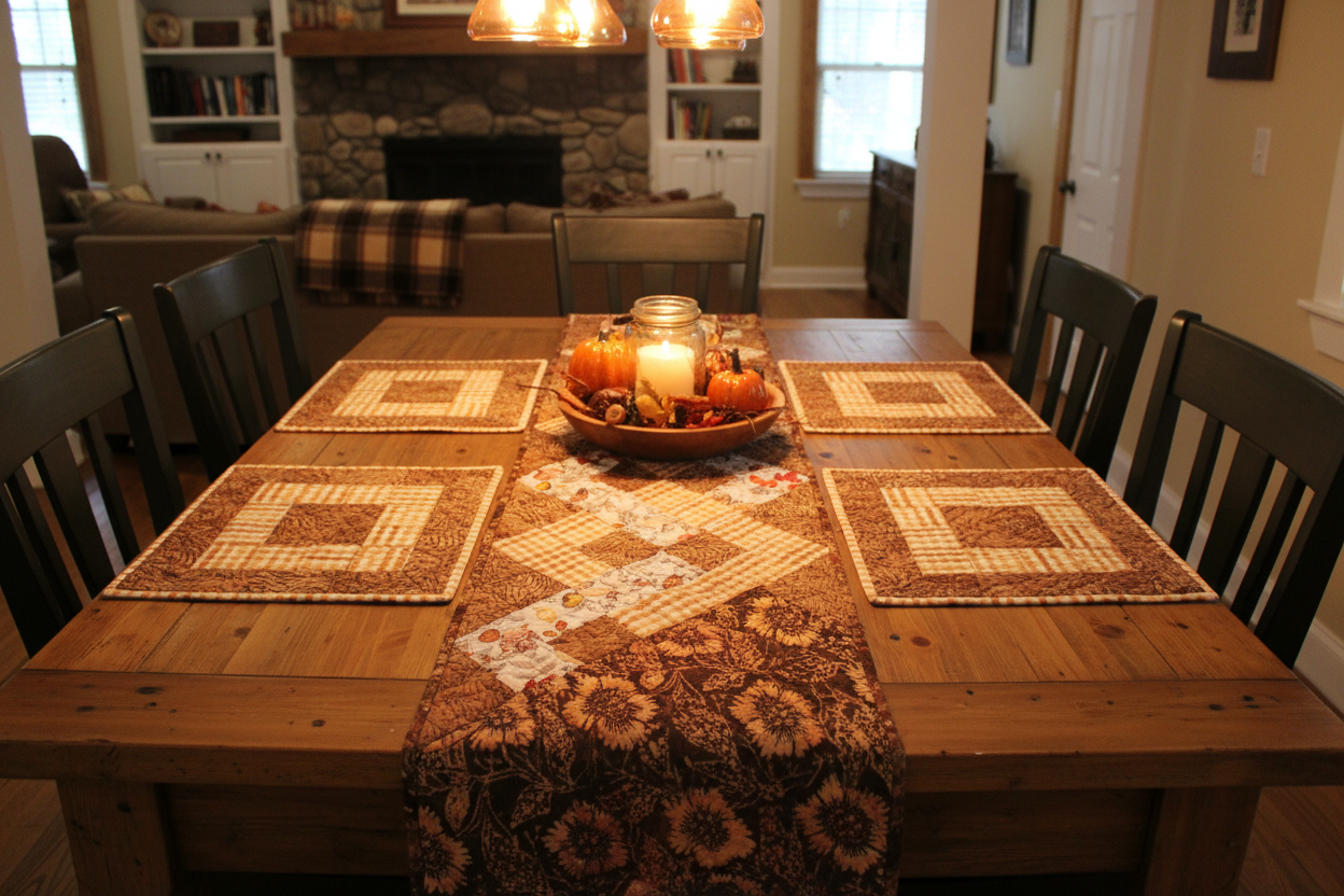 Autumn Harvest Handmade Quilted Table Runner & Placemat Set — Fall Farmhouse Table Decor