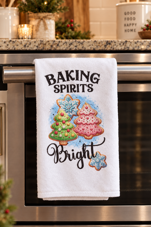 Baking Spirits Bright holiday microfiber kitchen towel with sugar cookie Christmas tree design, hanging on a stainless steel oven.
