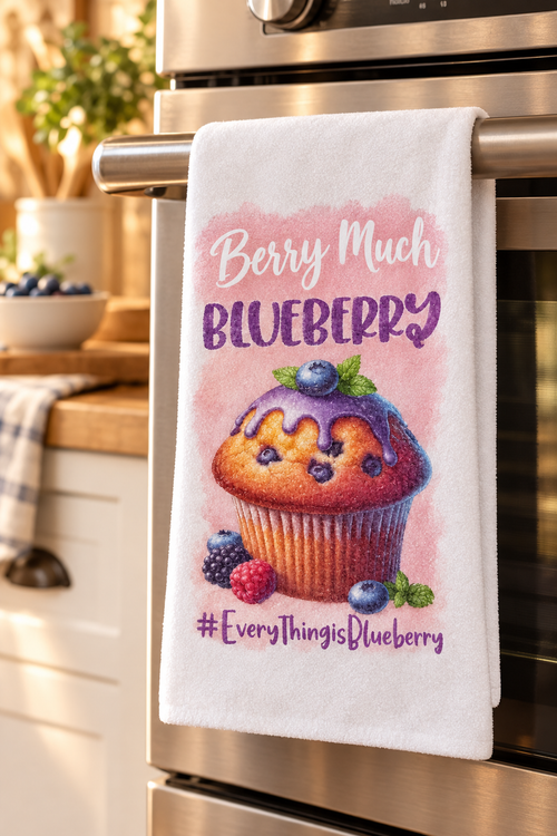 Blueberry muffin towel hanging on the oven door with Berry Much wording