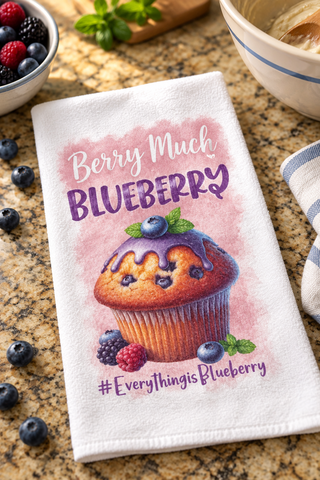 Blueberry muffin towel lying on the counter with Berry Much wording