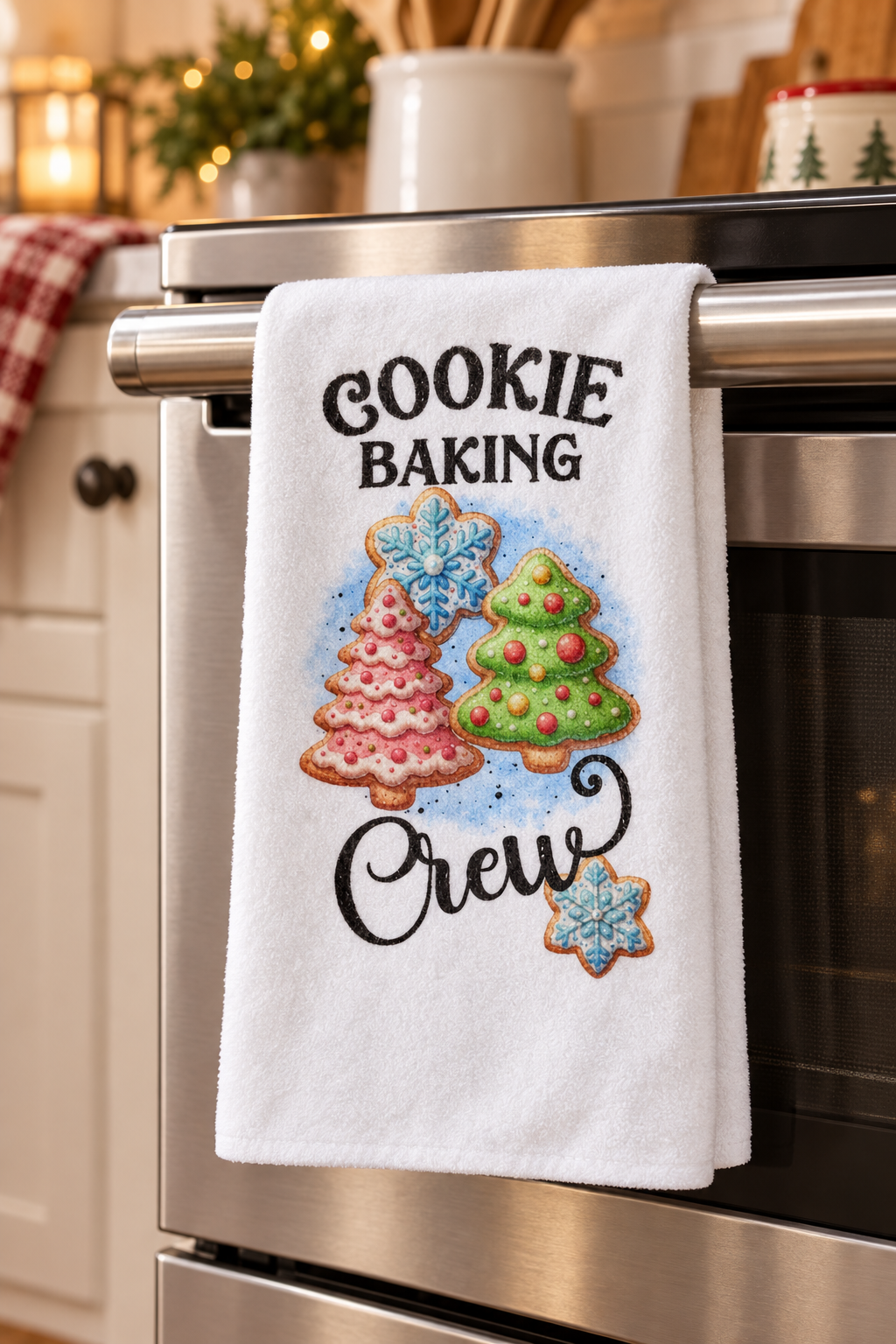 Cookie Baking Crew kitchen towel hanging on an oven