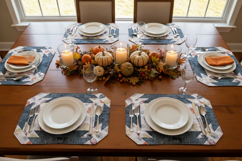 Autumn leaf quilted placemats styled on a fall dining table with pumpkins and seasonal decor