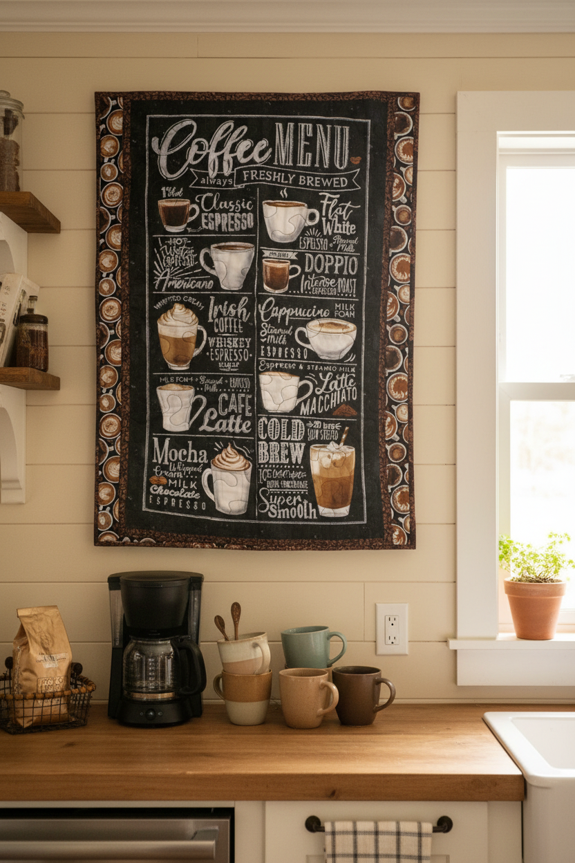 Coffee menu quilted wall hanging displayed above a coffee station in a cozy farmhouse-style kitchen