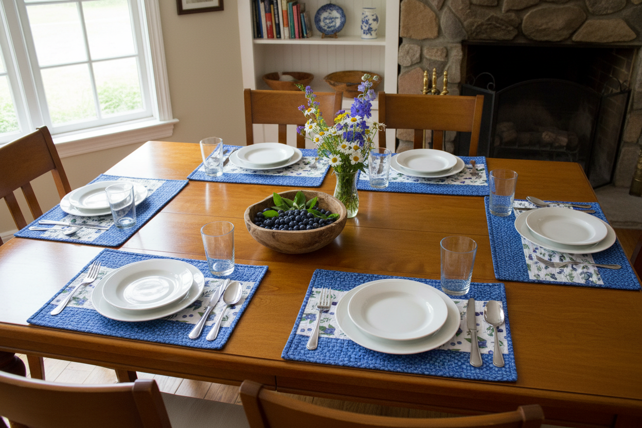 Set of 6 blueberry quilted placemats arranged on a dining room table with place settings in a bright cottage-style setting