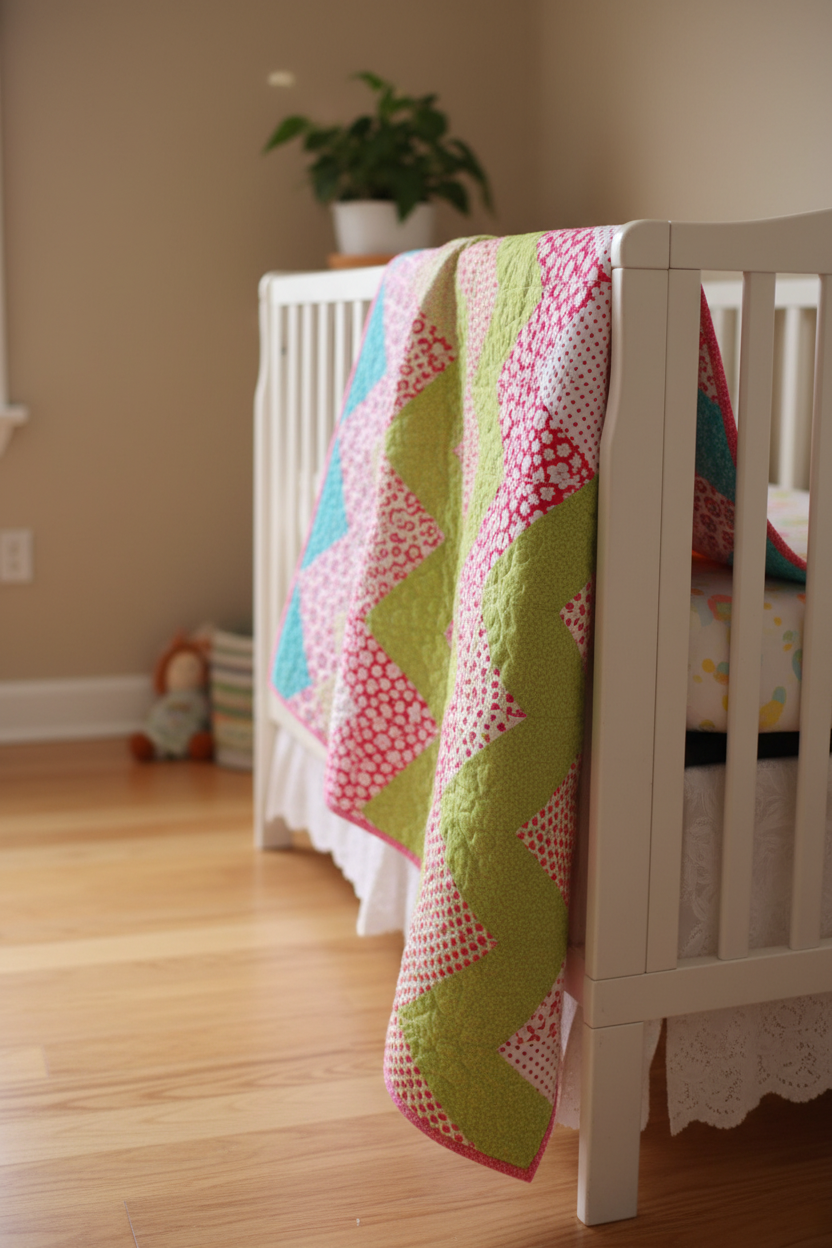 Chevron floral baby quilt draped over a white wooden baby crib in a cozy nursery