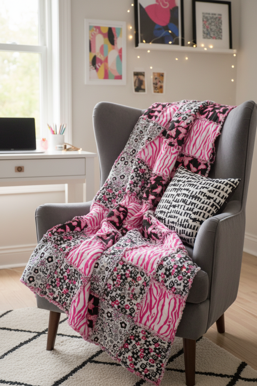 Pink black and white rag quilt draped over a chair in a cozy teen bedroom