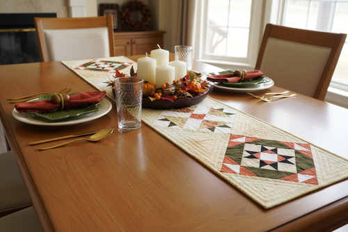 Autumn Bear's Paw quilted table runner displayed on a wooden dining room table with fall place settings and cozy autumn decor