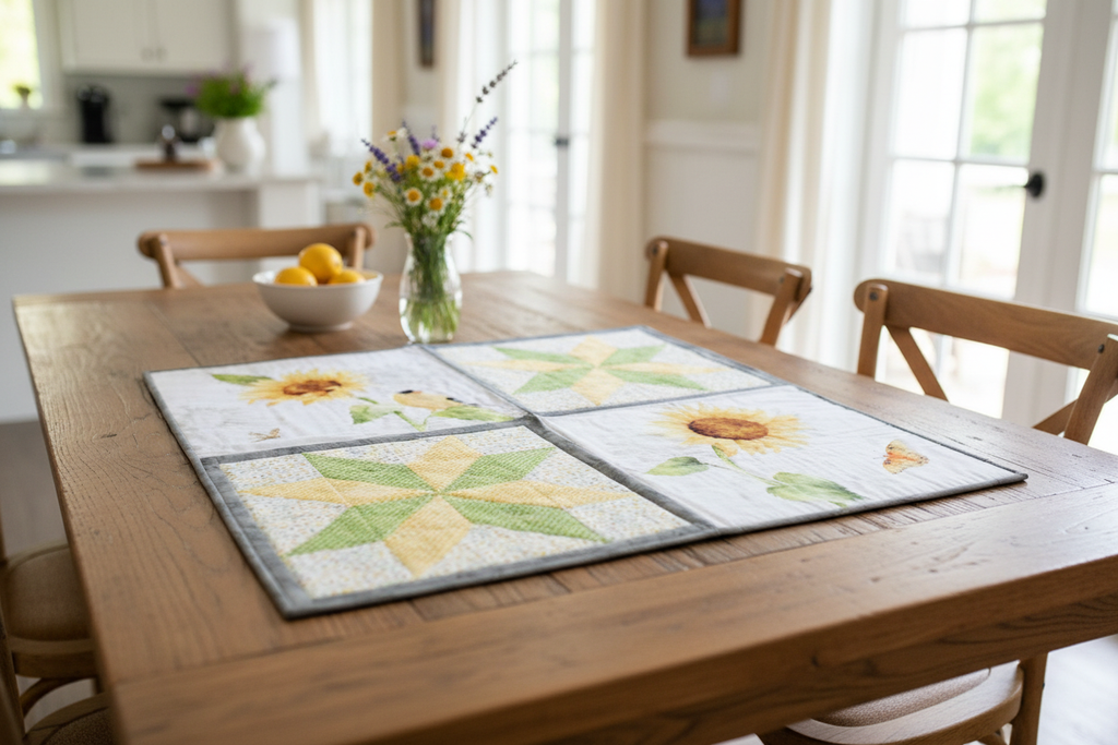 Sunflower star quilted table topper displayed on a wooden dining room table in a farmhouse setting