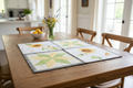 Sunflower star quilted table topper displayed on a wooden dining room table in a farmhouse setting