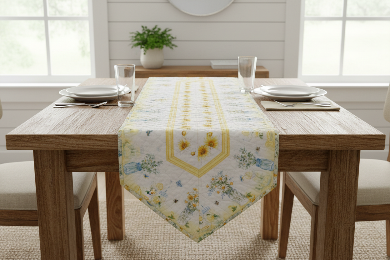 Mason jar bouquet quilted table runner displayed on a wooden dining room table in a bright summer farmhouse setting