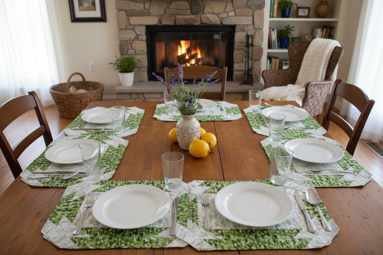 Herb Garden quilted placemats arranged on a dining room table in a cozy cottage setting