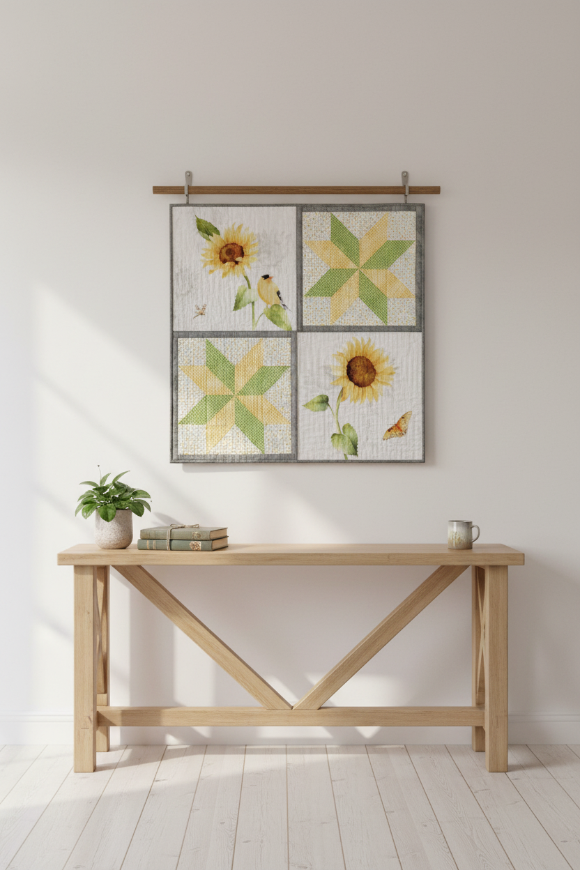 Sunflower star quilted piece displayed as a wall hanging in a cozy cottage-style room