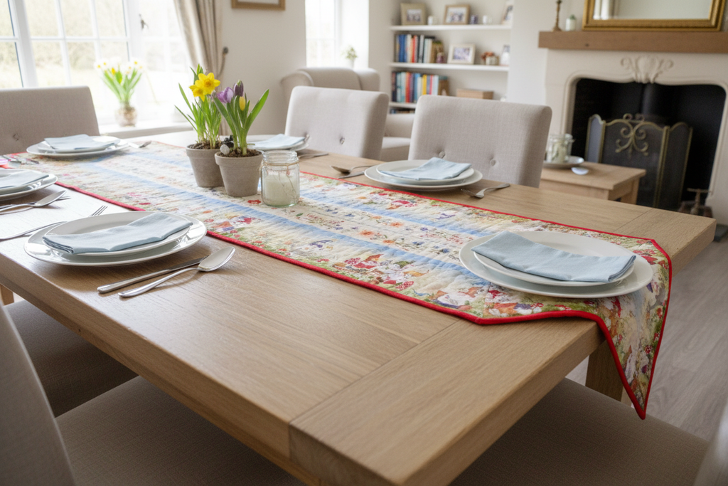 Garden gnome quilted table runner displayed on a wooden dining room table with place settings in a bright cottage-style setting