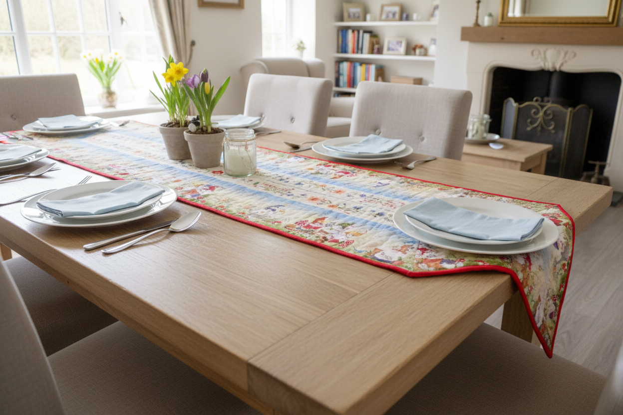 Garden gnome quilted table runner displayed on a wooden dining room table with place settings in a bright cottage-style setting