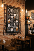 Coffee menu quilted wall hanging displayed on a brick wall in a cozy coffee shop with warm Edison bulb lighting
