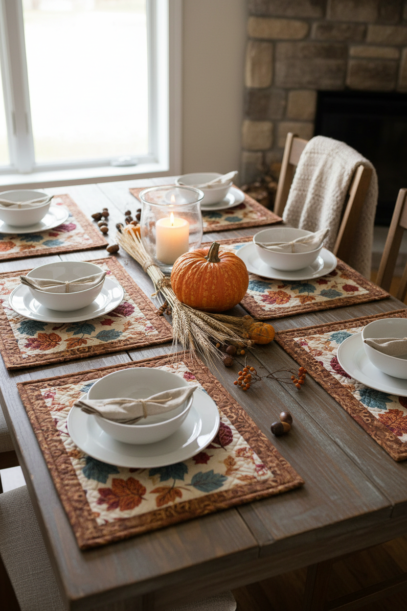 Autumn leaves quilted placemat set styled on a cozy farmhouse dining table with fall decor