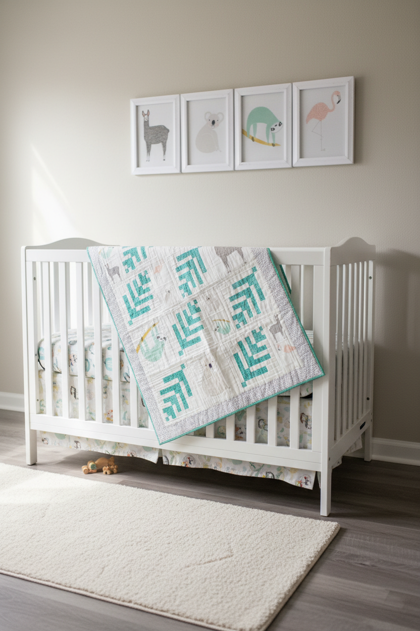 Woodland animals baby quilt draped over a white crib with framed animal prints on the wall