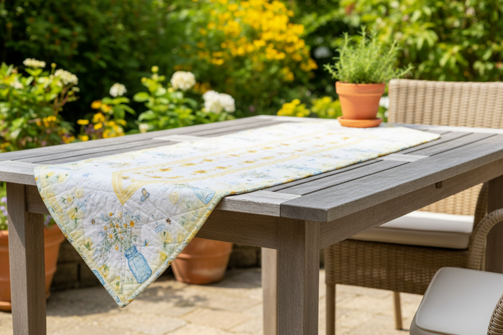Mason jar bouquet quilted table runner displayed on an outdoor patio table in a sunny summer garden setting