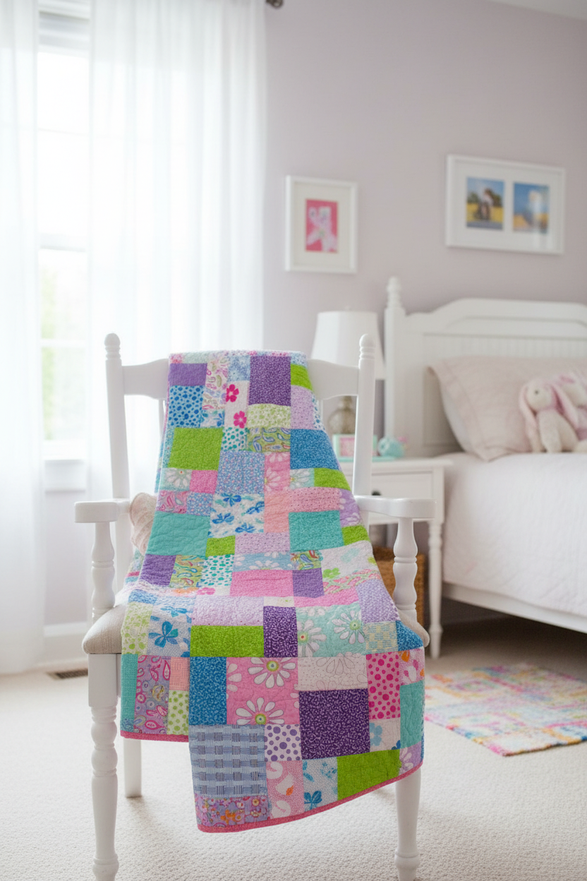 Pastel patchwork quilt draped over a white accent chair in a girl's bedroom