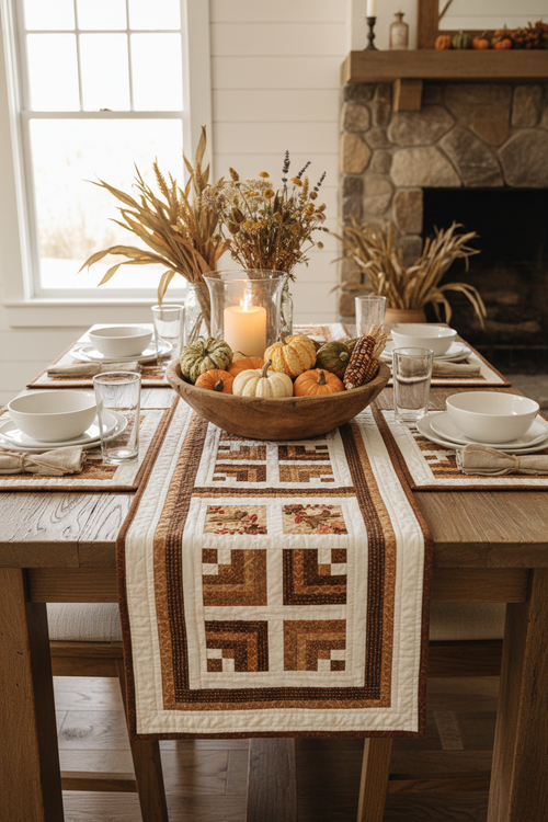 Autumn harvest quilted table runner and placemat set styled on a cozy farmhouse dining table with fall harvest decor