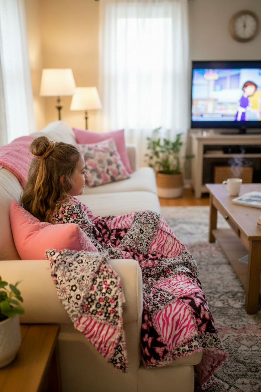 Tween girl snuggled up watching TV wrapped in pink black and white rag quilt