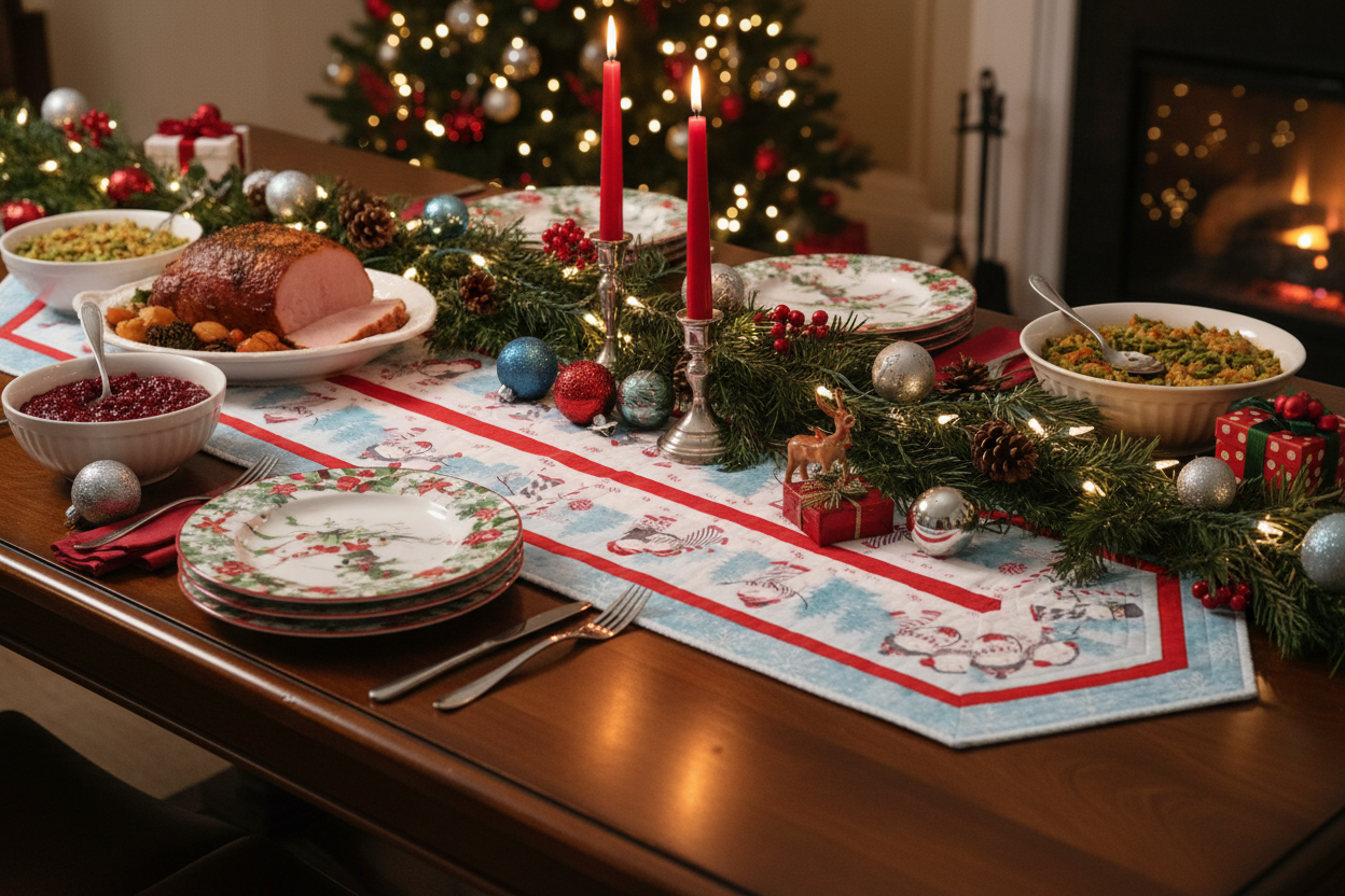 Snowman Christmas table runner styled on a holiday buffet table