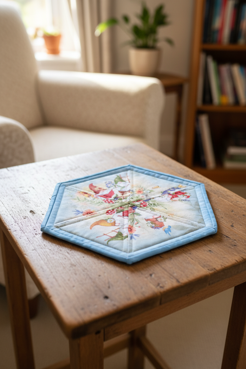 Blue gnome table topper styled on a small rustic wooden side table