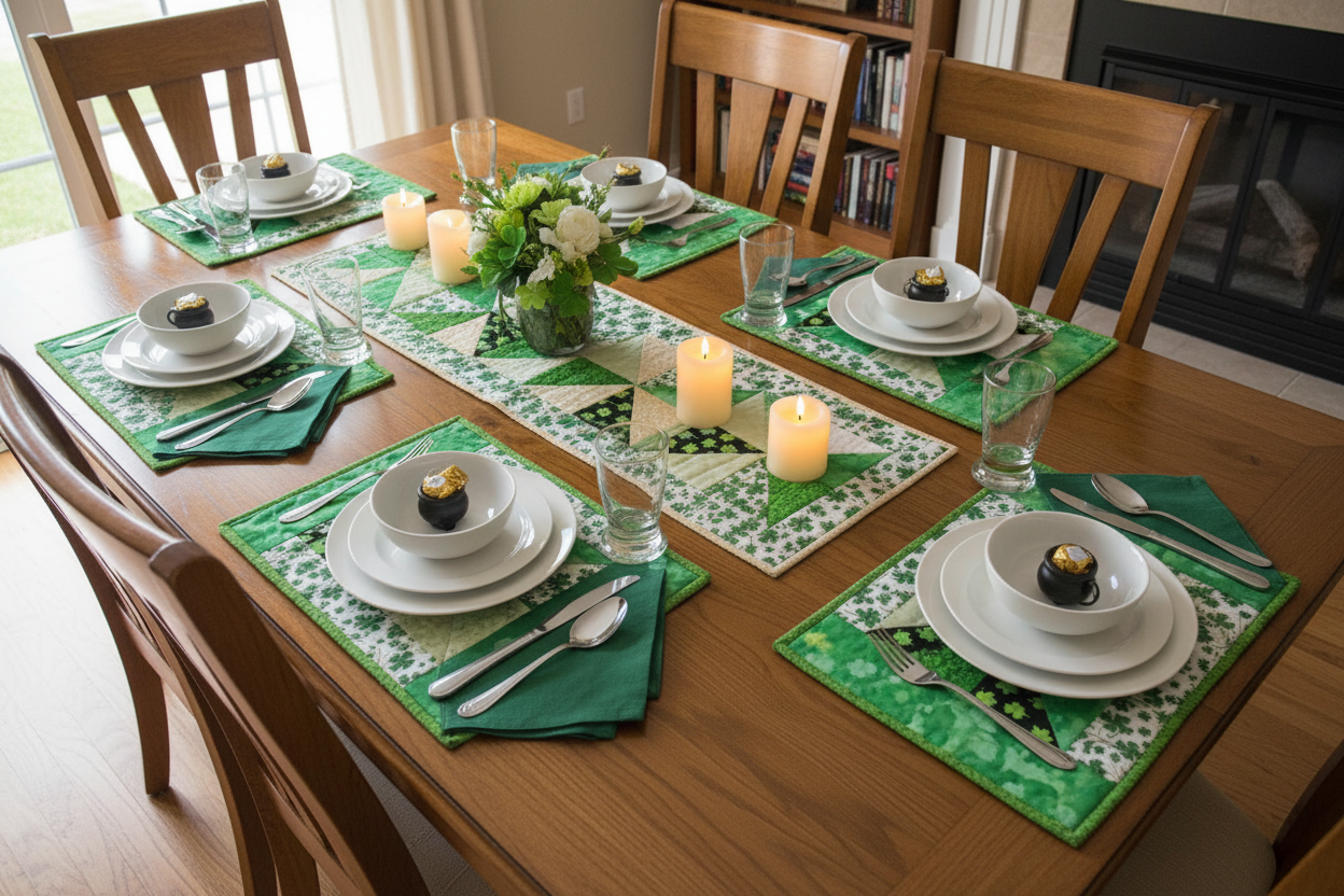 Shamrock pinwheel quilted table runner and placemats arranged on a dining room table in a festive St. Patrick's Day setting