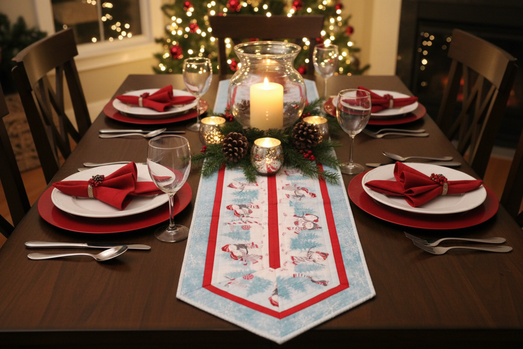 Snowman Christmas table runner styled on a holiday dinner table with festive decor