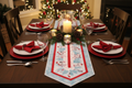 Snowman Christmas table runner styled on a holiday dinner table with festive decor