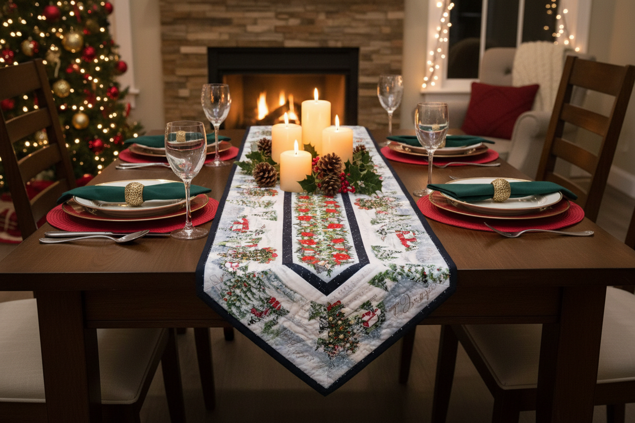 Christmas village quilted table runner displayed on a beautifully set holiday dining room table with candles, pine cones, and festive place settings