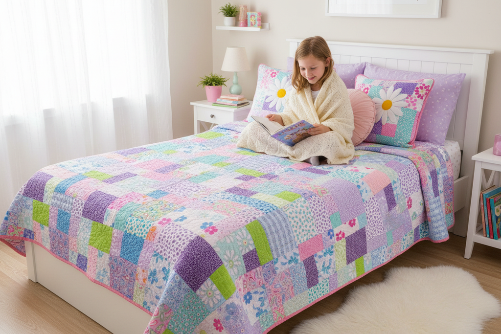 Pastel patchwork quilt spread across a girl's bed in a bright cheerful bedroom