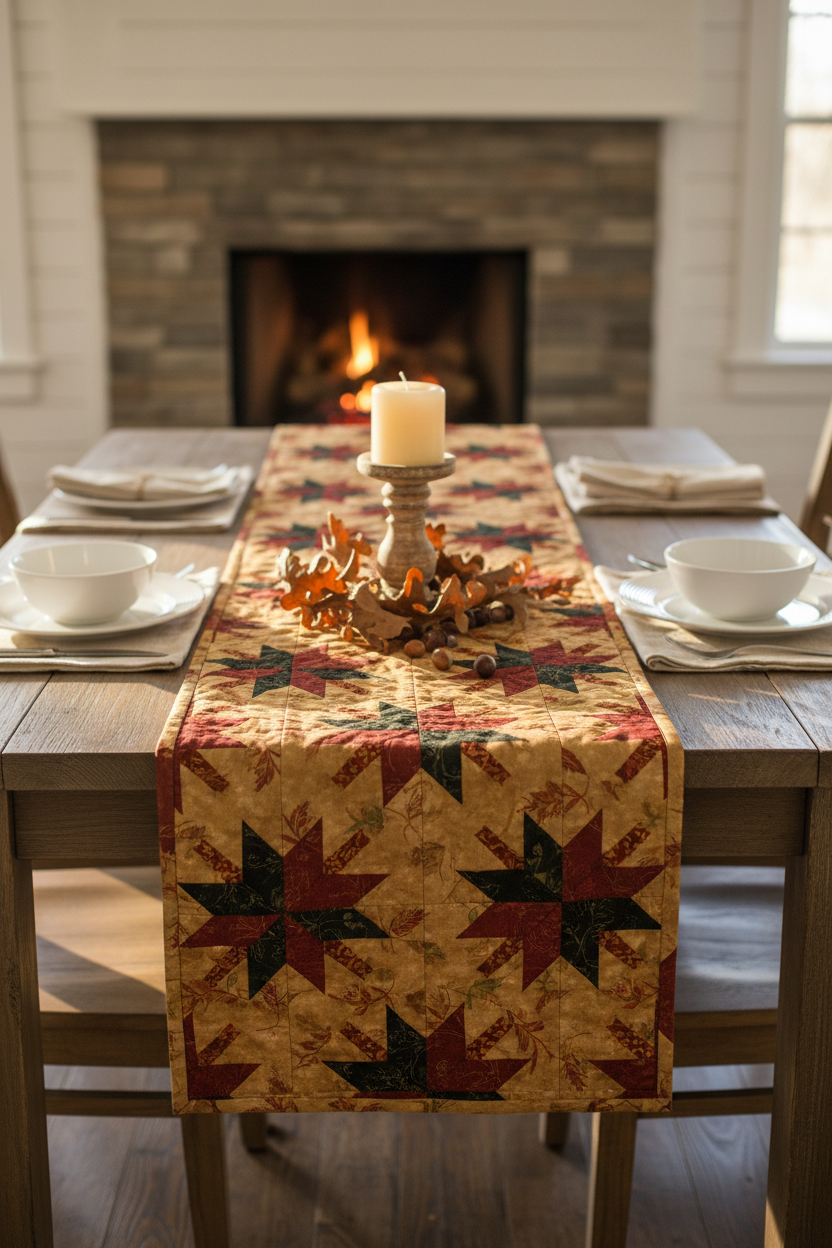 Autumn Bear's Paw quilted table runner styled on a cozy fall farmhouse dining table with dried oak leaves, acorns, candle, and white dinnerware