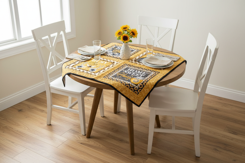 Bee-themed quilted table topper displayed on a small dining table in a cozy farmhouse setting