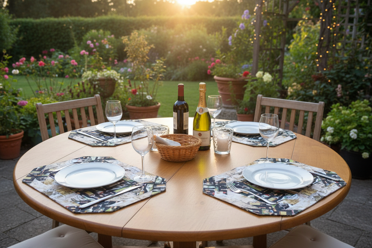 Wine quilted placemats styled on an outdoor patio table for al fresco dining