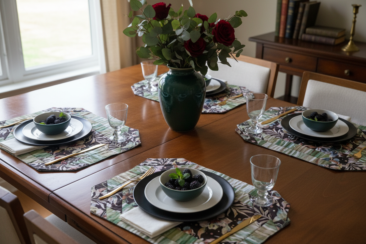 Set of 4 tropical floral quilted placemats arranged on a dining room table with place settings in an elegant home setting