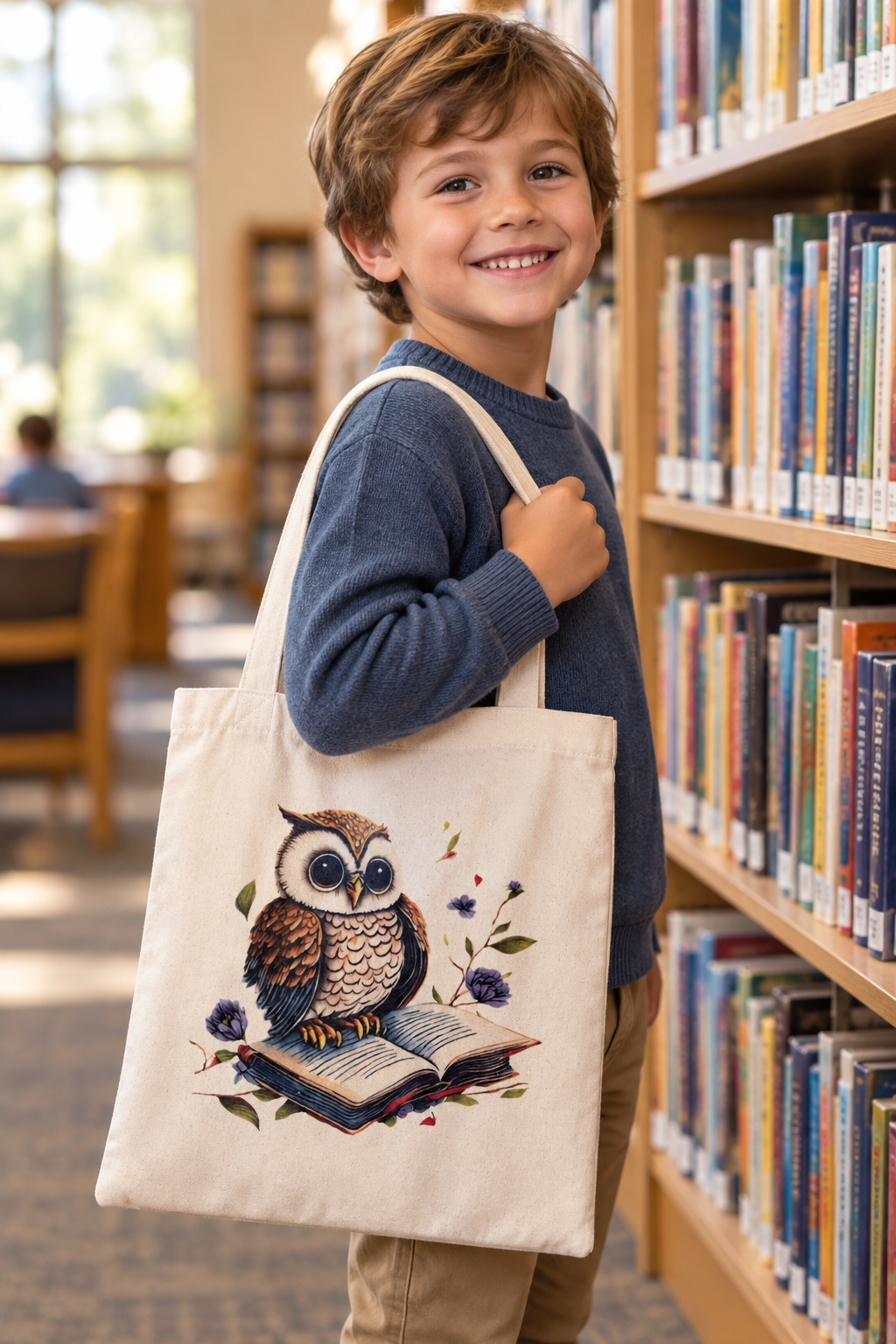 Little boy at the library holding the owl tote bag