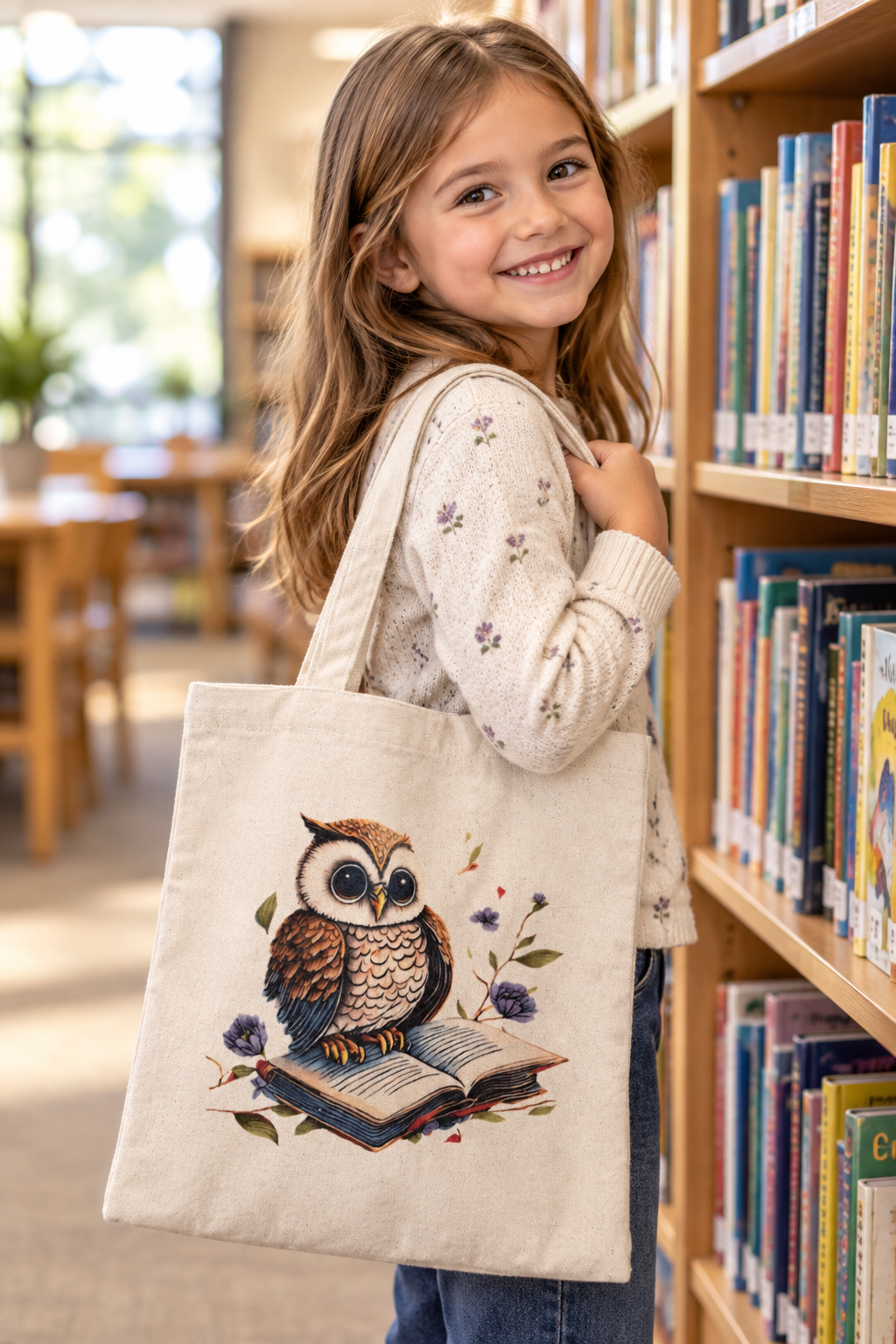 Little girl at the library holding the owl tote bag